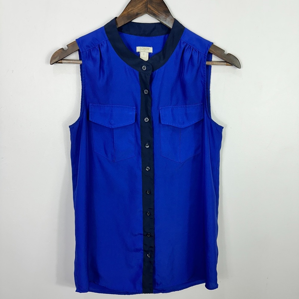 J.Crew Blouse 2 Blue Sleeveless Button Polished Quiet Luxury Minimalist Academia